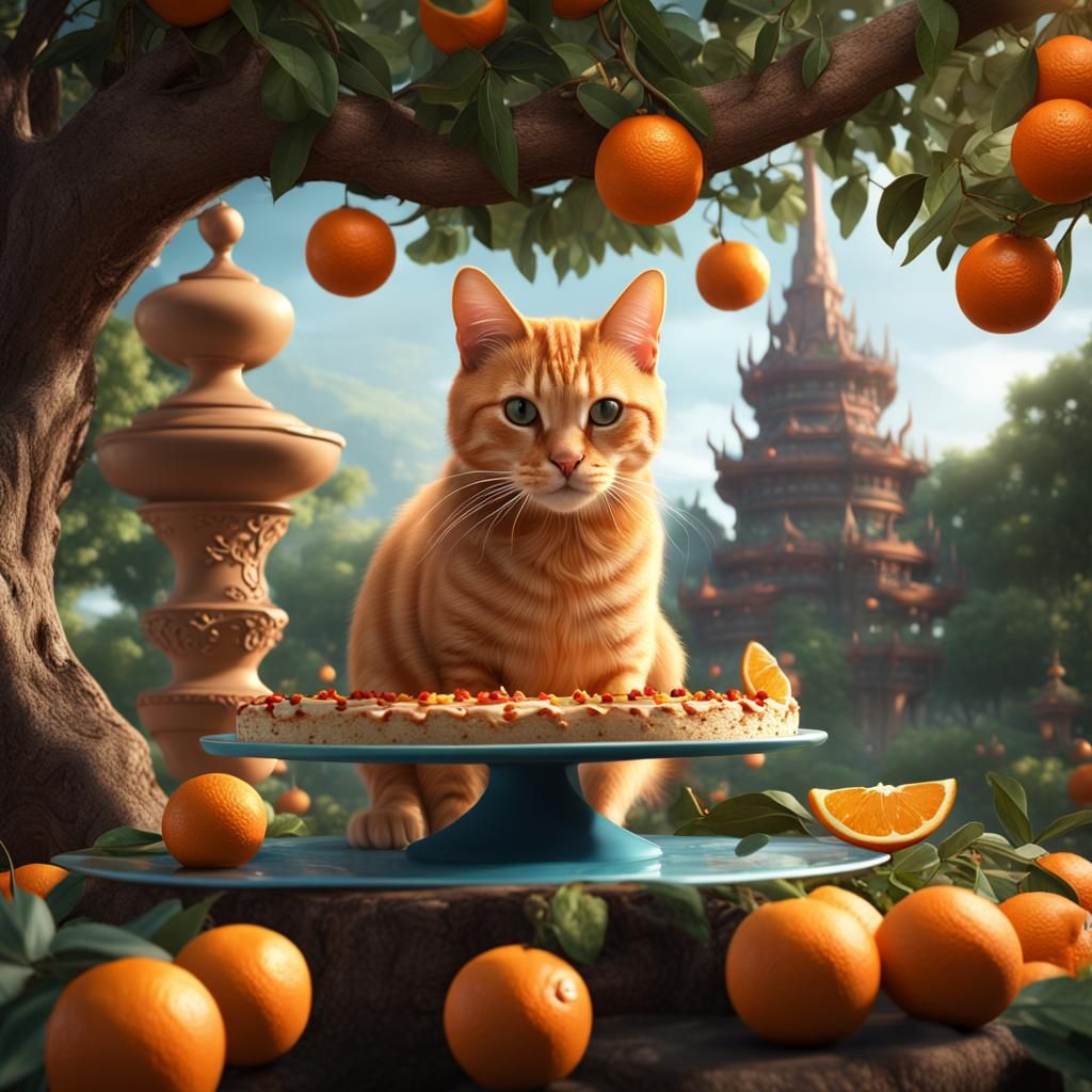 Orange Cat and Cake in a Fantastical Garden