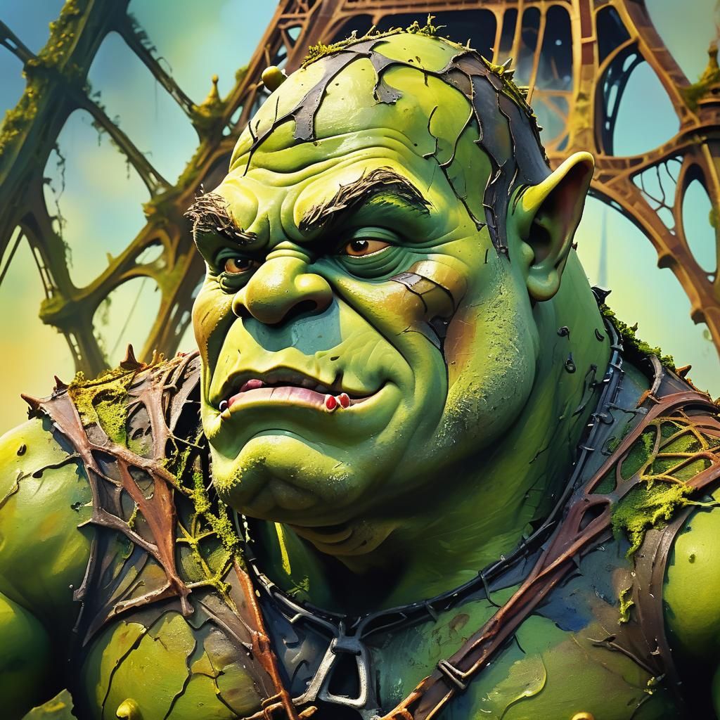 Surreal Shrek Dines on Distorted Eiffel Tower in Vibrant Oil...