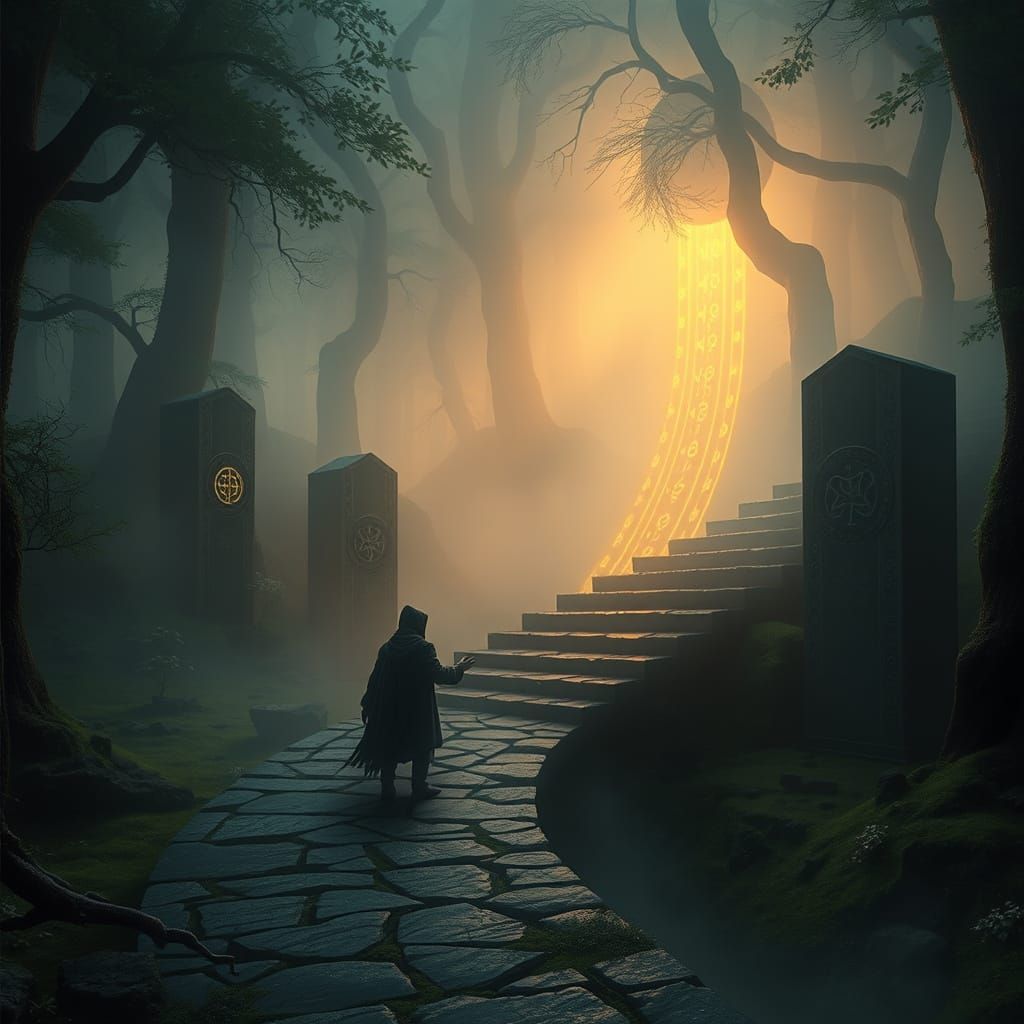 Mystical Forest Path with Glowing Ritual Stations