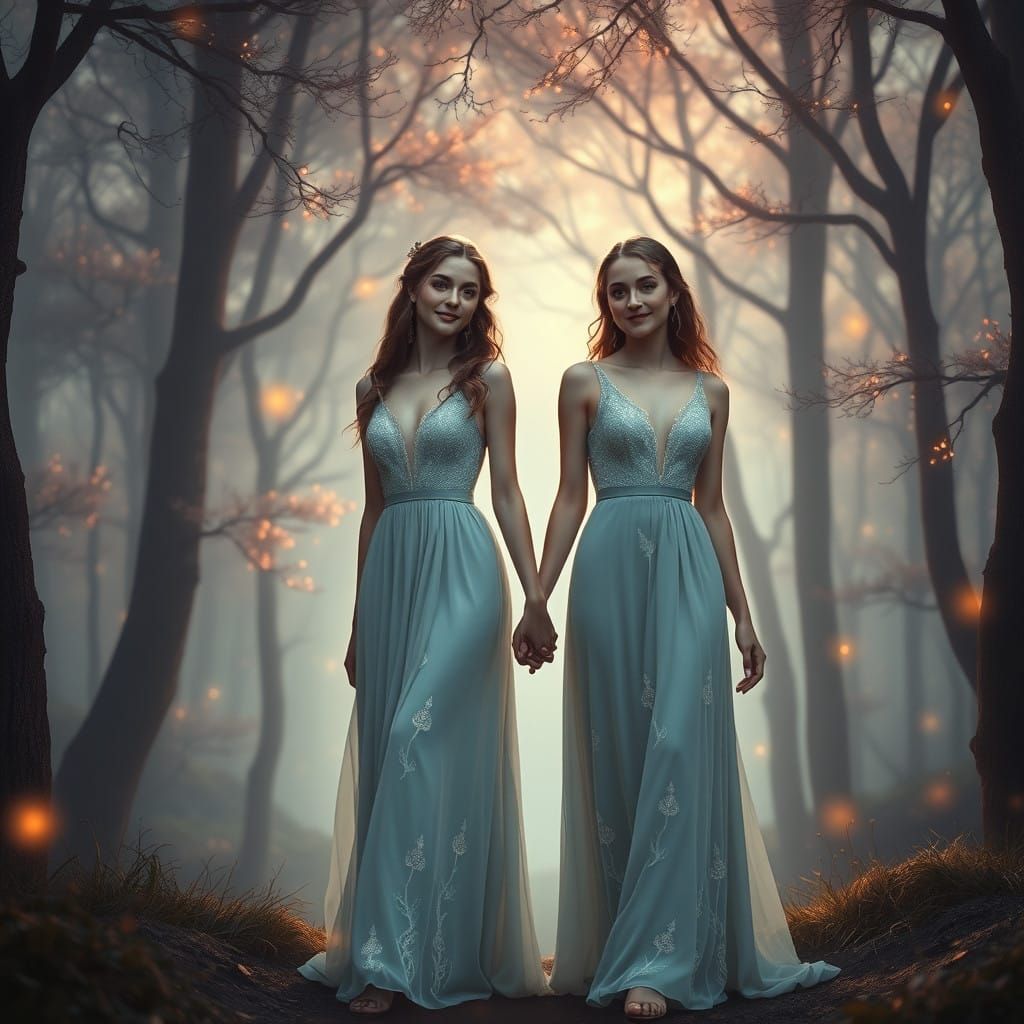 Elegant Lesbian Couple Stands at Forest's Edge in Enchanted...