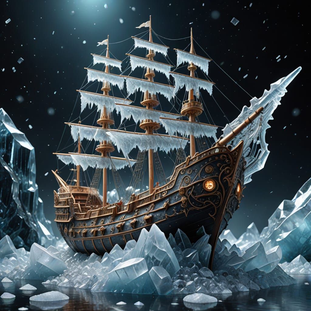 Intricate Ice Ship on Tumultuous Crystal Sea