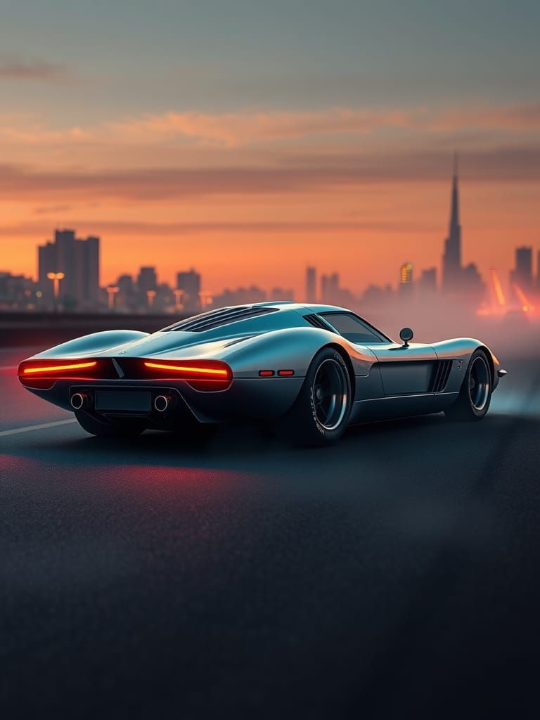 Retro-Futuristic Supercar at Dusk in Syd Mead Style