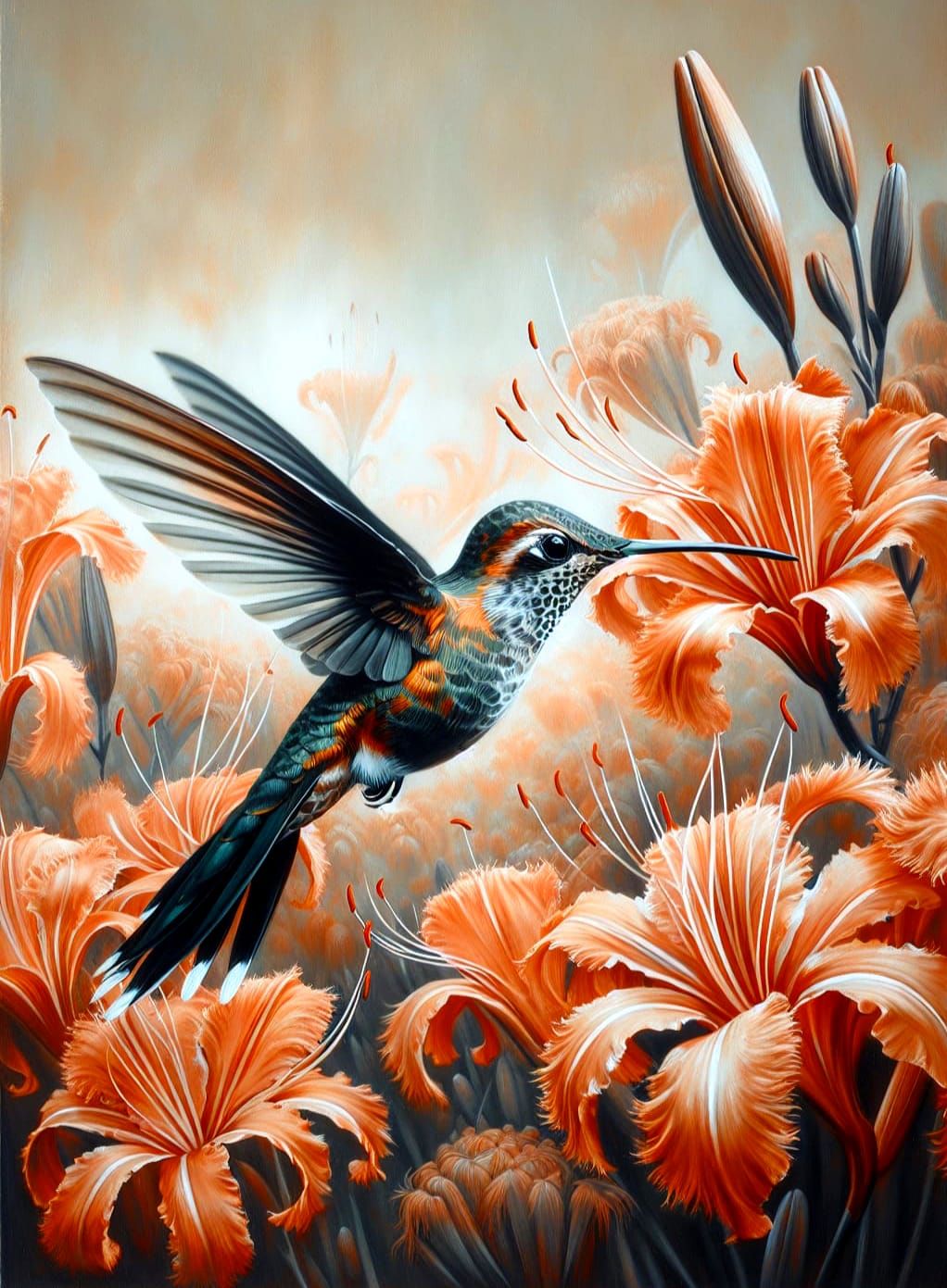 Hummingbird Mid-Flight Among Orange Fringe Lilies