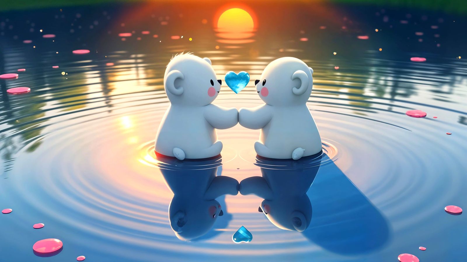 Floating Polar Teddies in Heart-Shaped Pond, Cartoon Style