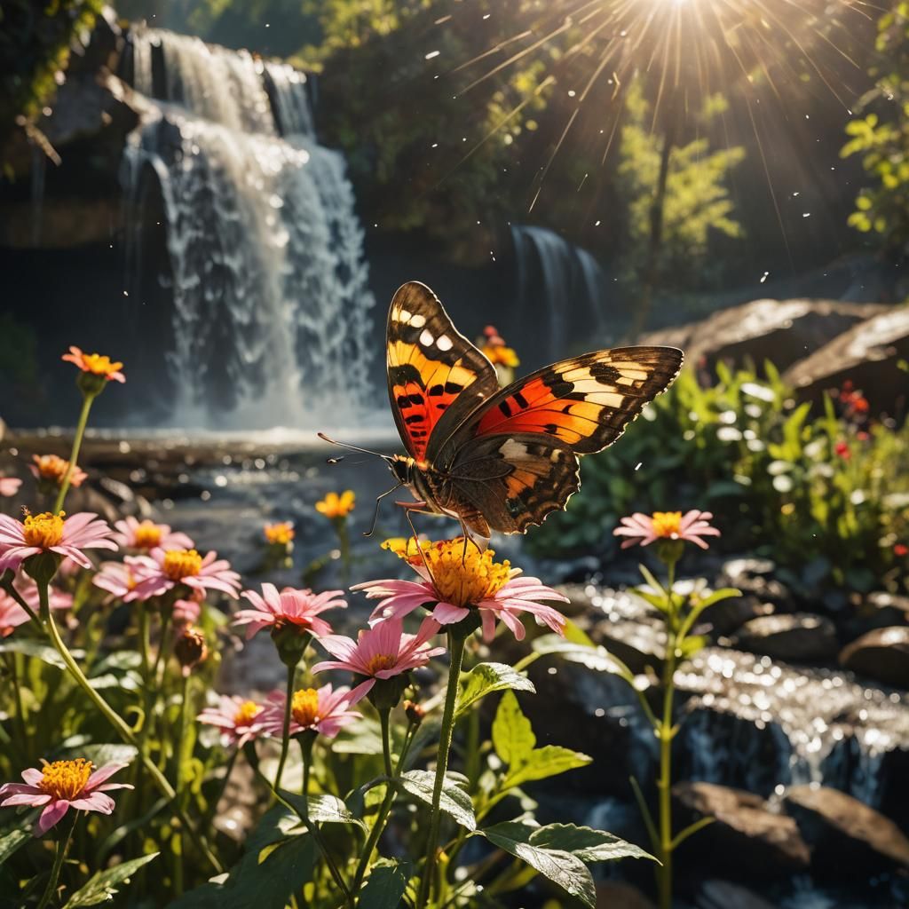 Butterfly on Flower by Waterfall in Photorealistic Style