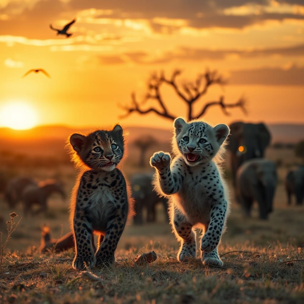 Black and albino Leopard cubs long hair playing Dust fireflies against light far away in horizon giraffe’s elephants so...
