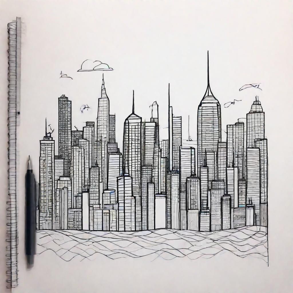 City Skyline Ink Doodle on Notebook Page