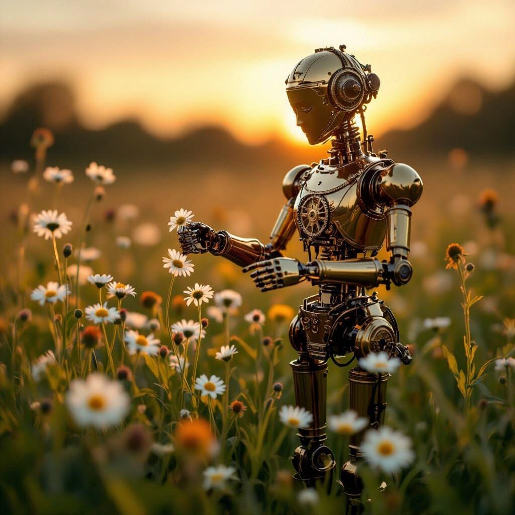 Victorian Automaton in Wildflower Field, Pre-Raphaelite Styl...
