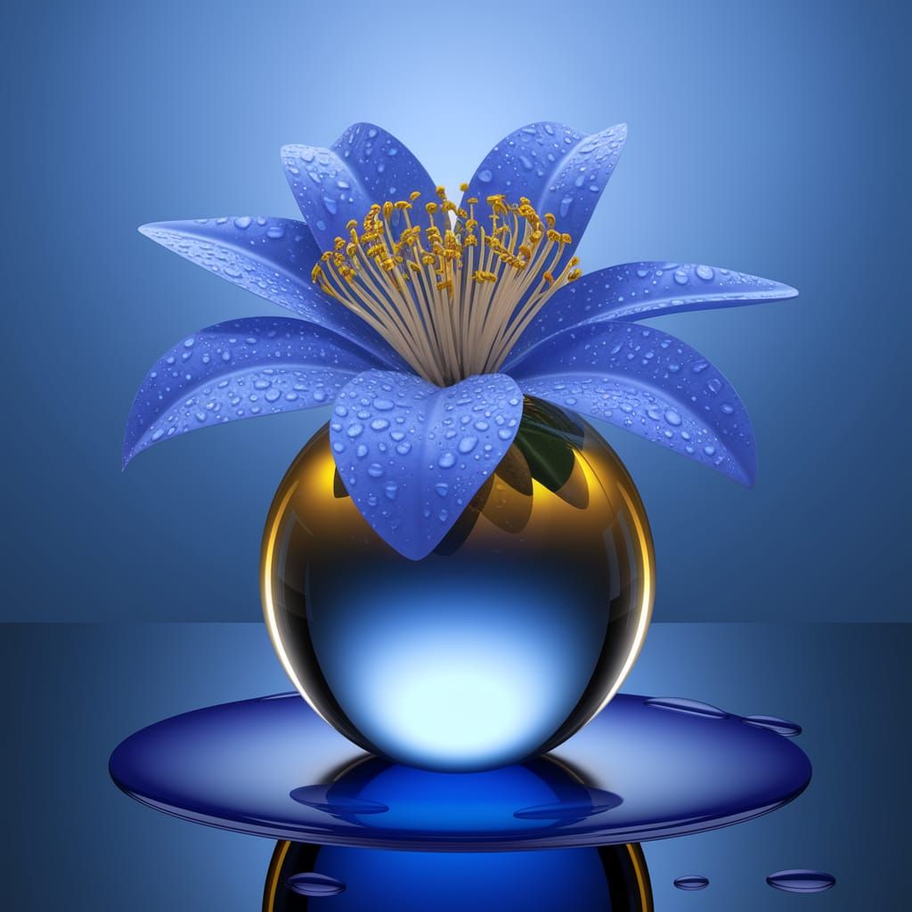 Realistic Blue Bloom on Golden Glass