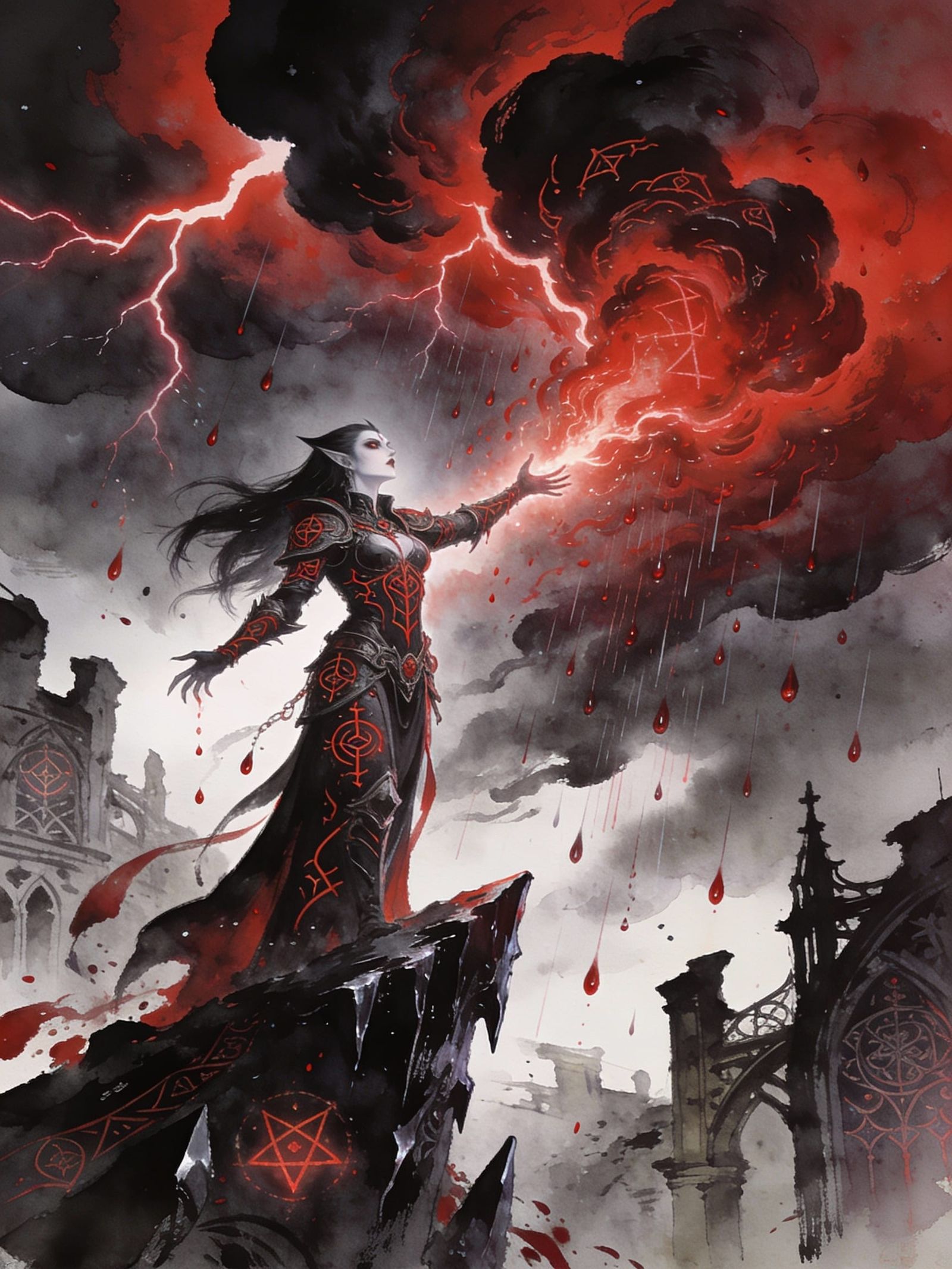 Vampire Priestess Summons Crimson Tempest in Dark Fantasy