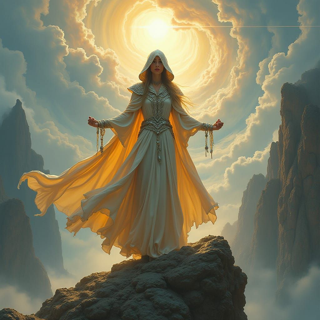 Ethereal Warrior in Futuristic Landscape