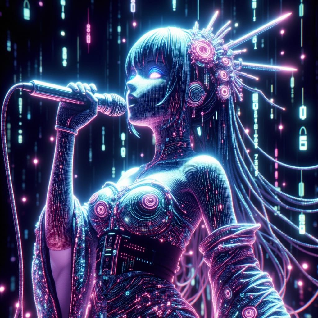 Alien Fashion Model in Anime Style with Binary Code