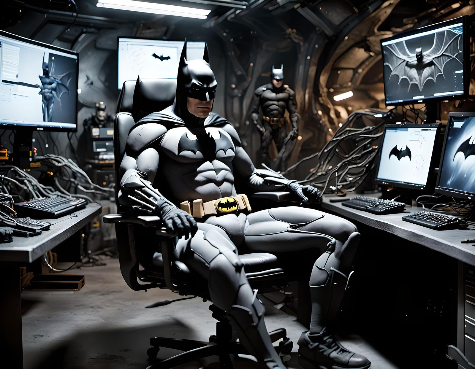Batman in Hyperrealistic Batcave Surrounded by Bats