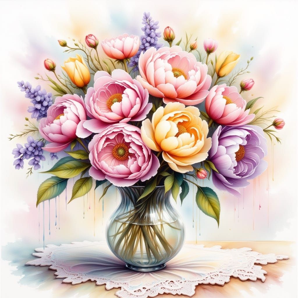 Watercolor Boho Bouquet in Elegant Vase