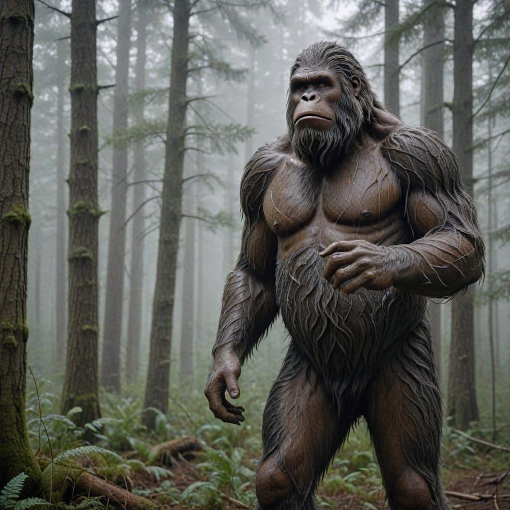 Solitary Bigfoot in Misty Forest: Digital Art