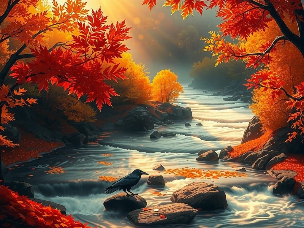 Autumn River Scene with Majestic Raven in Warm Golden Light