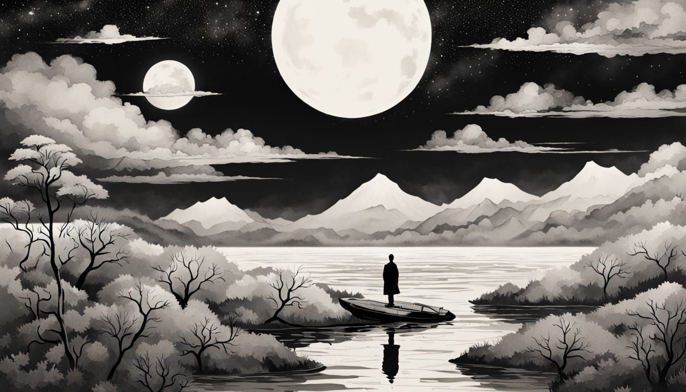 Ancient Man in Japanese Ink Style Contemplating Existence