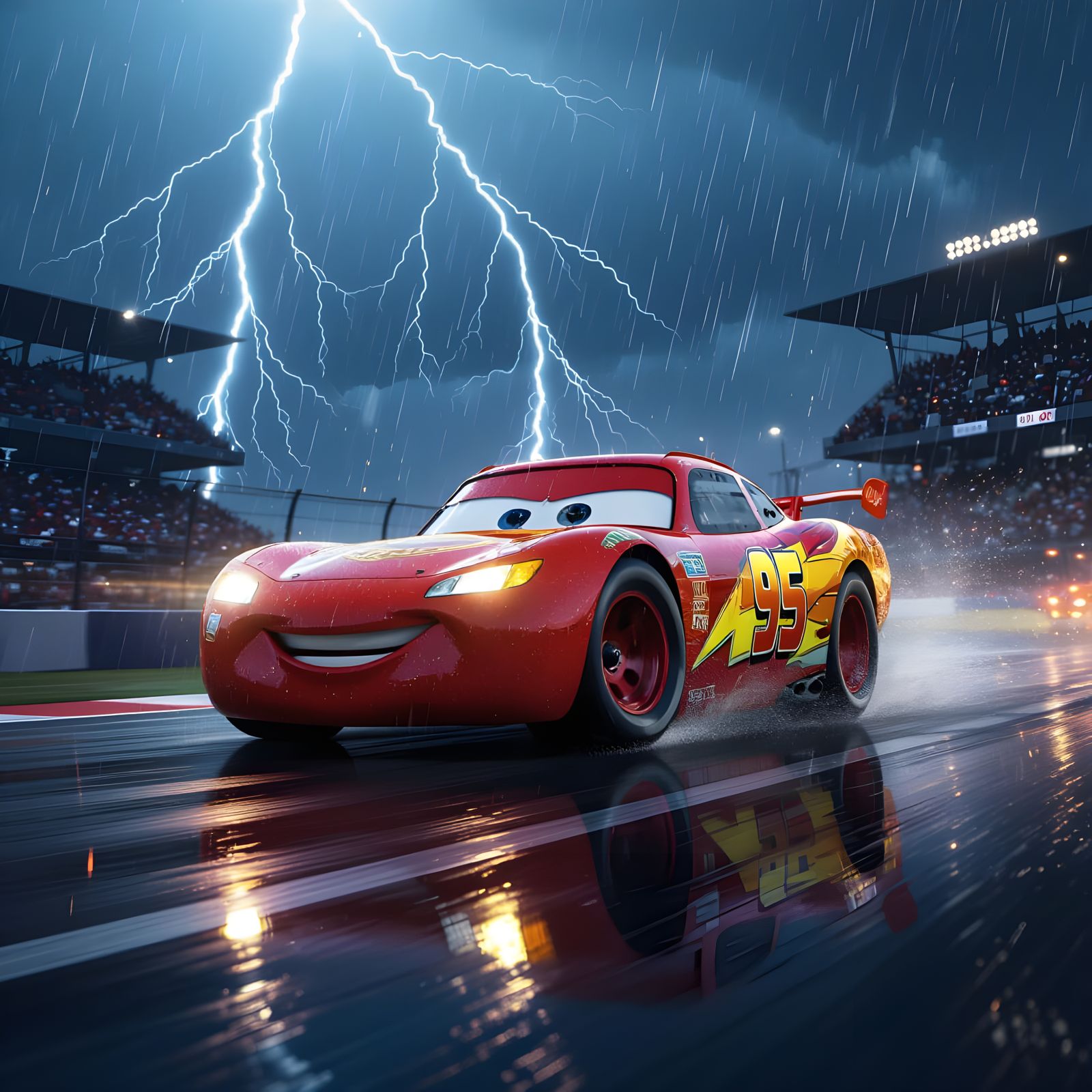 Lightning McQueen Races on Stormy Racetrack in 8K Detail