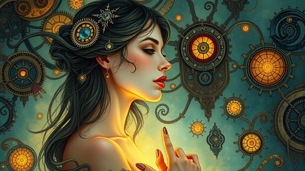 Enchanted Ethereal Dreamscape with Art Nouveau Steampunk Fan...