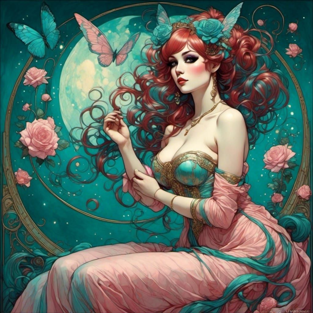 Mystical Elf Fairy Blending Art Nouveau and Baroque Styles