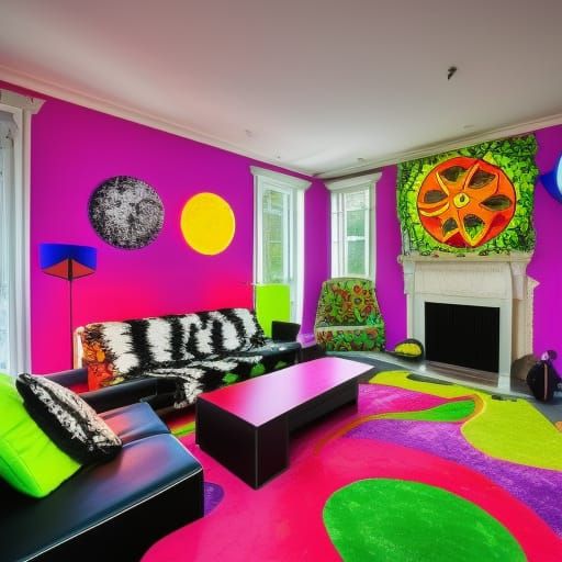 Prankster themed penthouse with colorful psychedelic walls with purple accents& wild looking windows& wild looking furni...