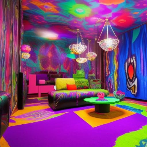 Prankster themed penthouse with colorful psychedelic walls with purple accents& wild looking windows& wild looking furni...