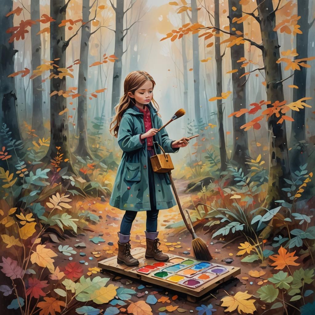 Girl Paints Autumn Forest in Whimsical Gouache Style