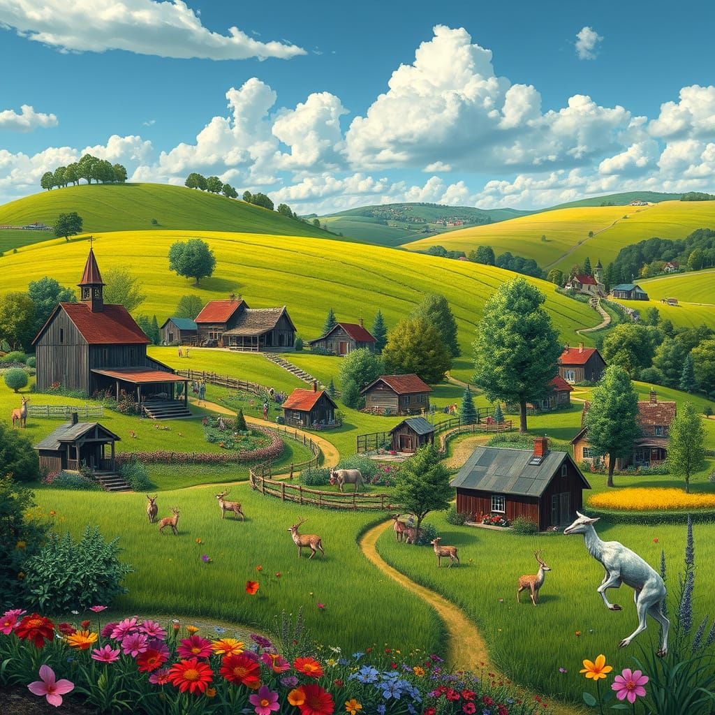 Surrealist Farm Community Blooms with Vibrant Colors and Fre...