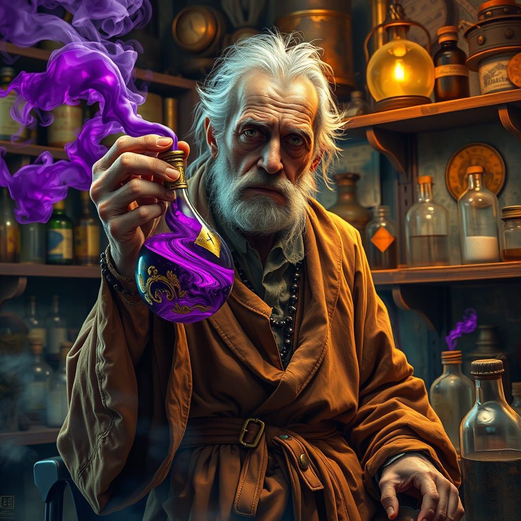 Elder Alchemist Conjures Violet Fumes in Mystical Laboratory