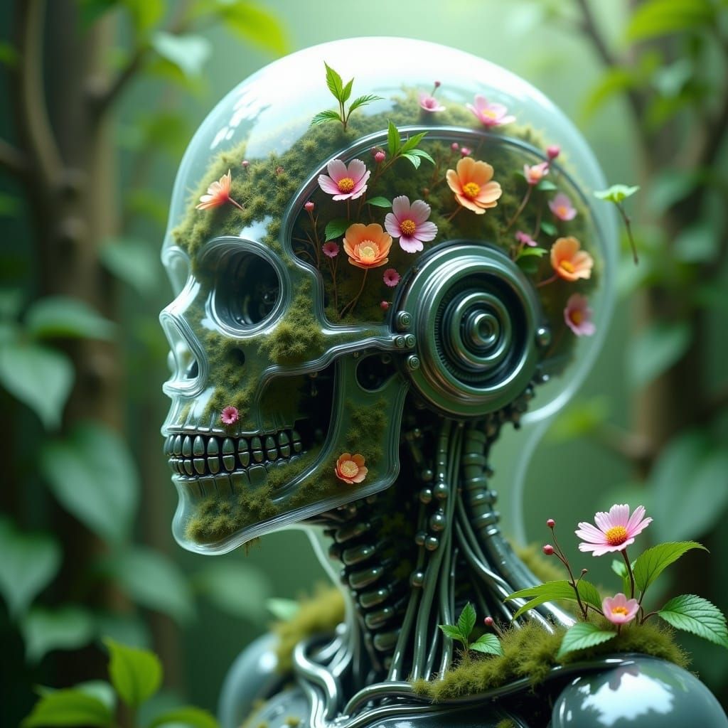 Cyborg with Transparent Skull and Floral Vines