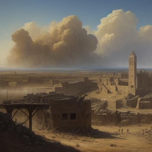 Mecha Battle Near Jericho in Mixed Media Style