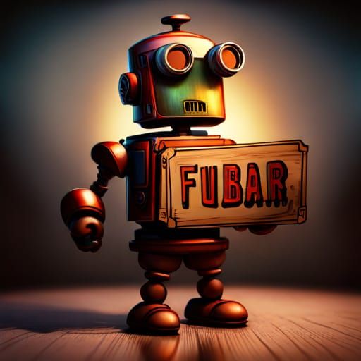 Robot holding a sign "fubar"
