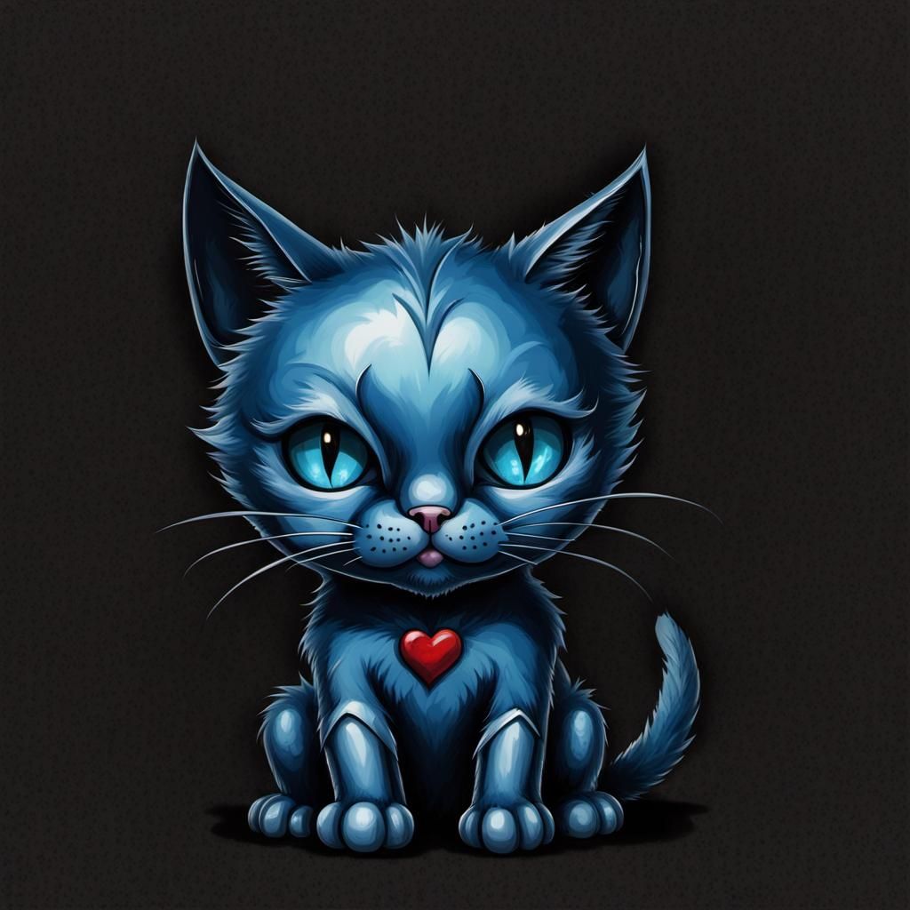 Cute Blue Metal Cat Gothic Drawing