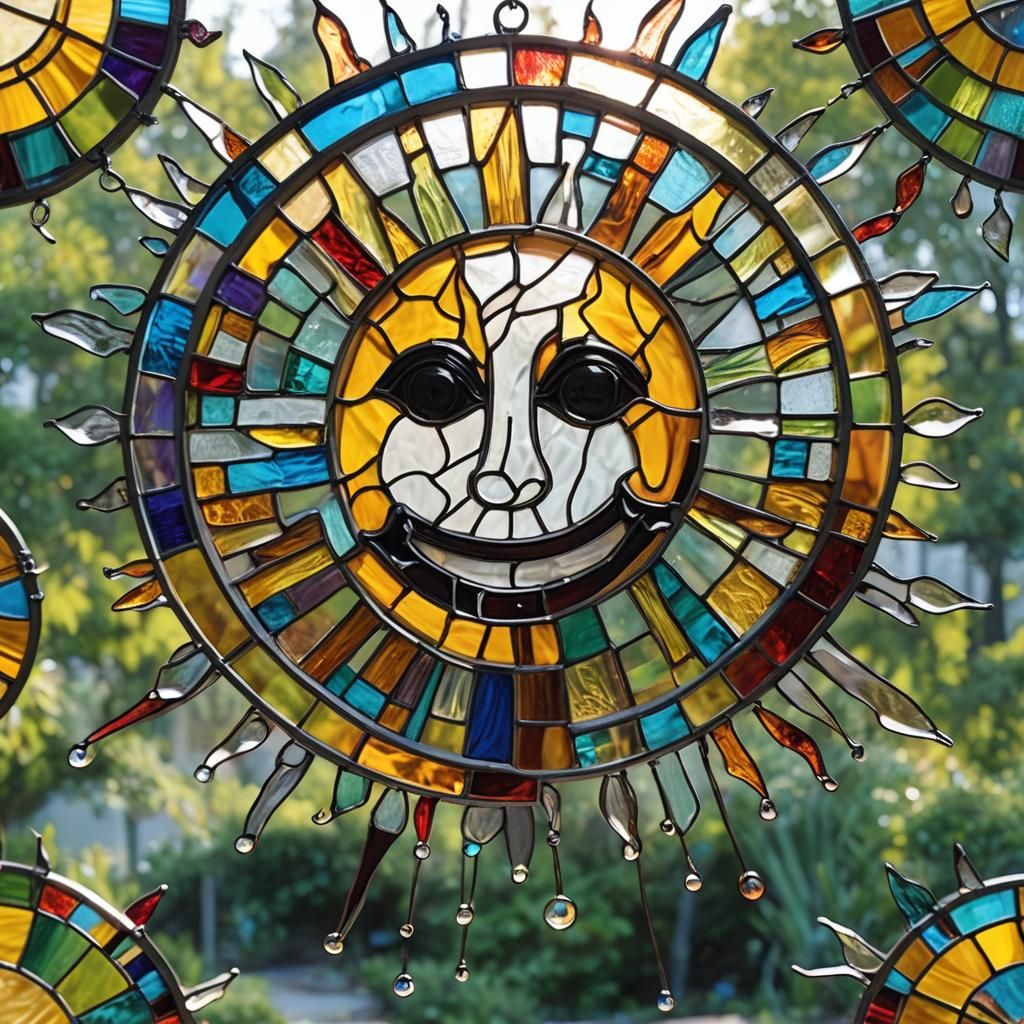 Stained glass sun catcher in a smiley face emoji Hyperrealis...