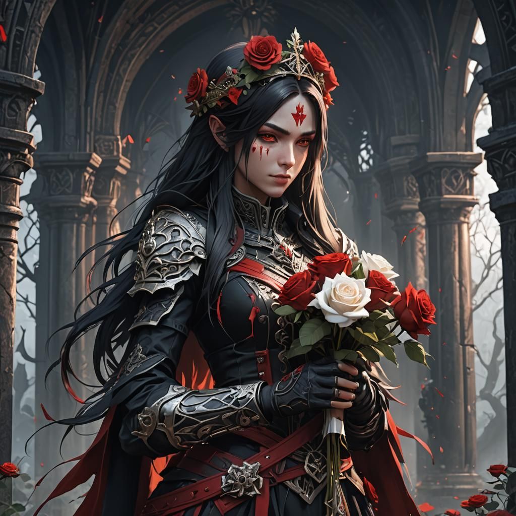 Anime Assassin with Rose Crown and White Rose