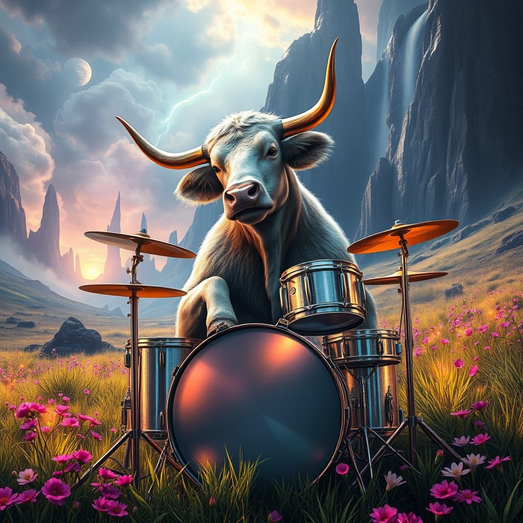 Cow in Futuristic Drum Set Scene with Ethereal Lights