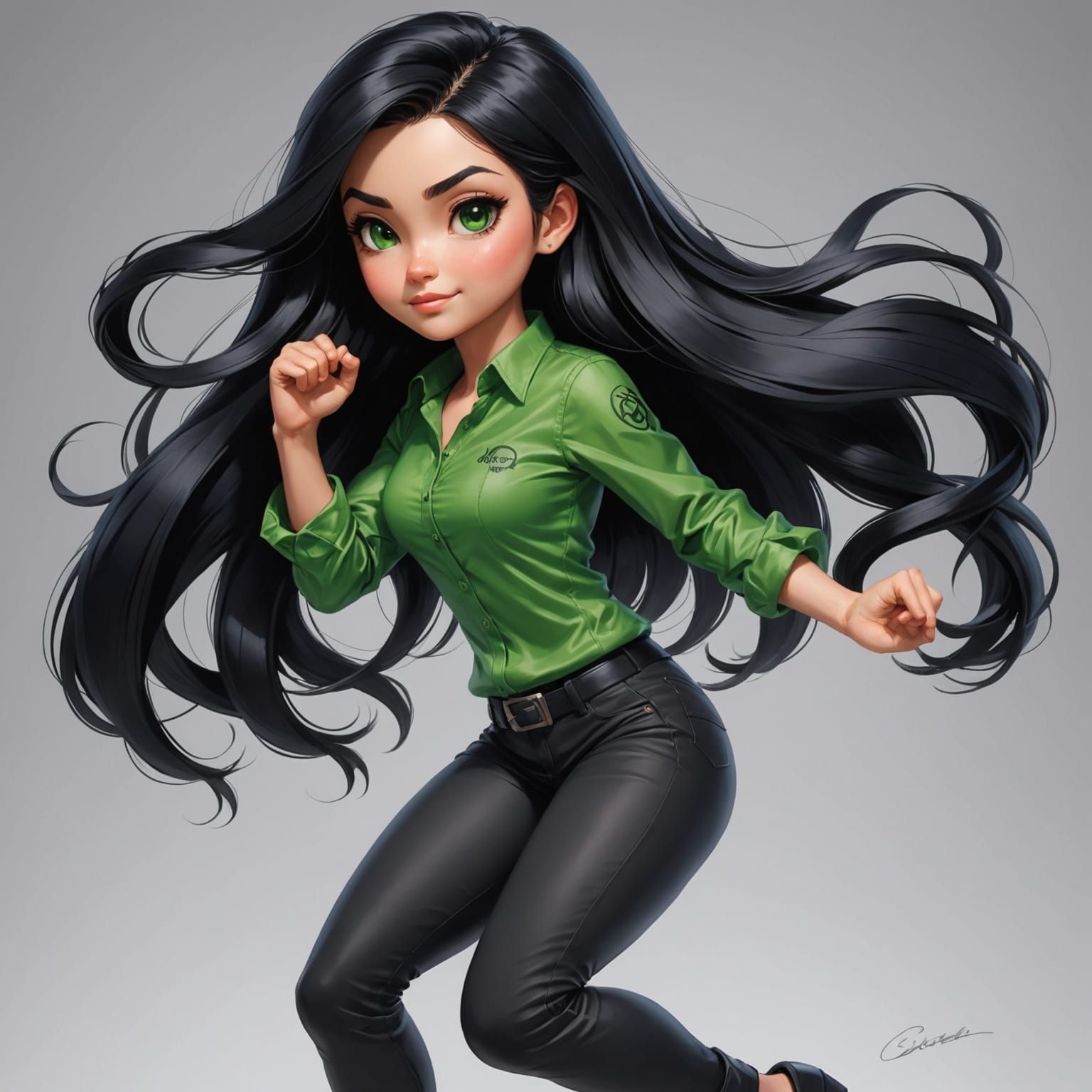 Chibi Super Woman in Exaggerated Pose, Shiny Anime Style