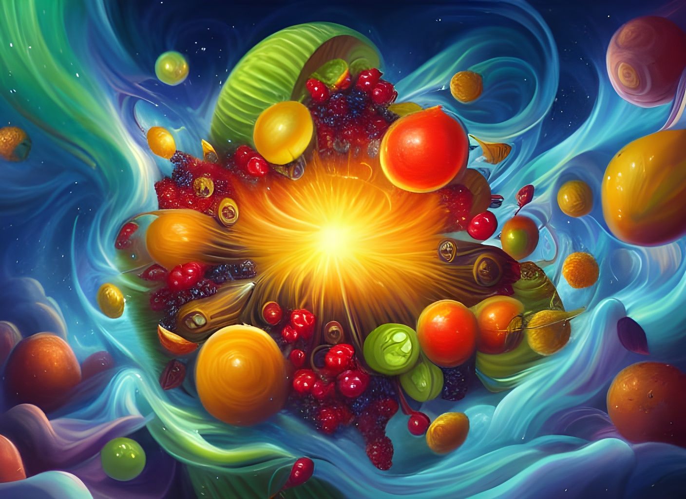 Cosmic Fruit Cornucopia: Detailed Hyper-Real Painting