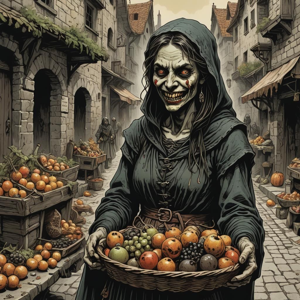 Sinister Fruit Seller in Dark Fantasy Art Style