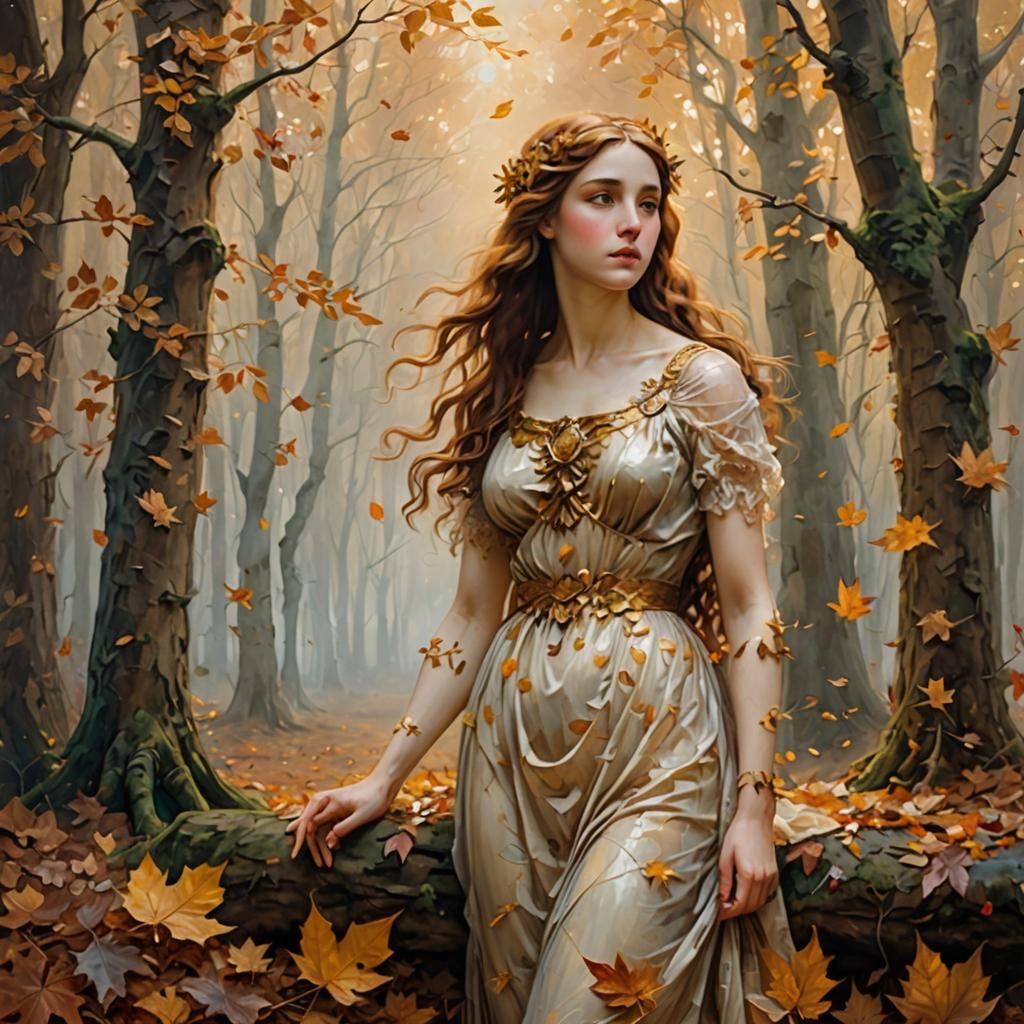 Venus Surrounded by Autumn Leaves: Oil Painting