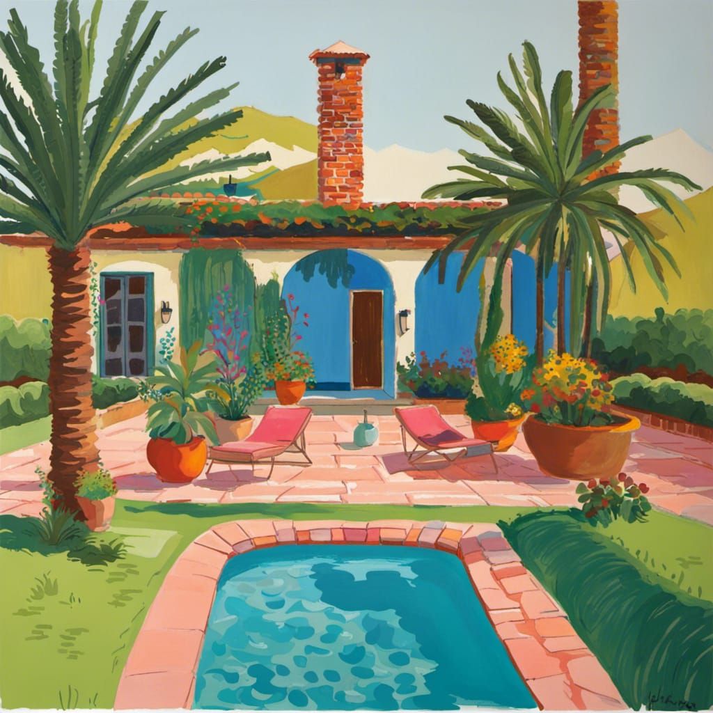 Spanish Hacienda and Pool in Hockney Style