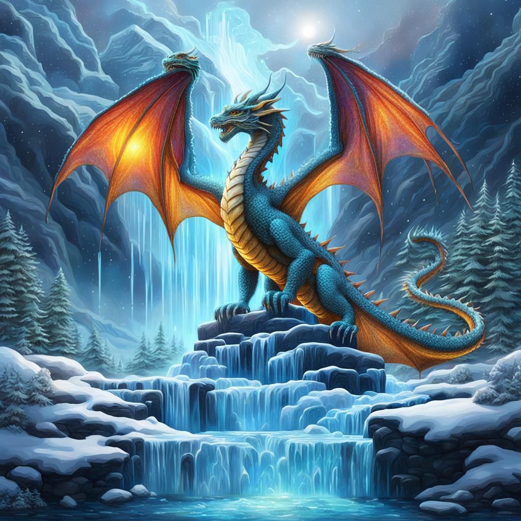 Dragon on Iced Waterfall: Holographic Astral Illustration