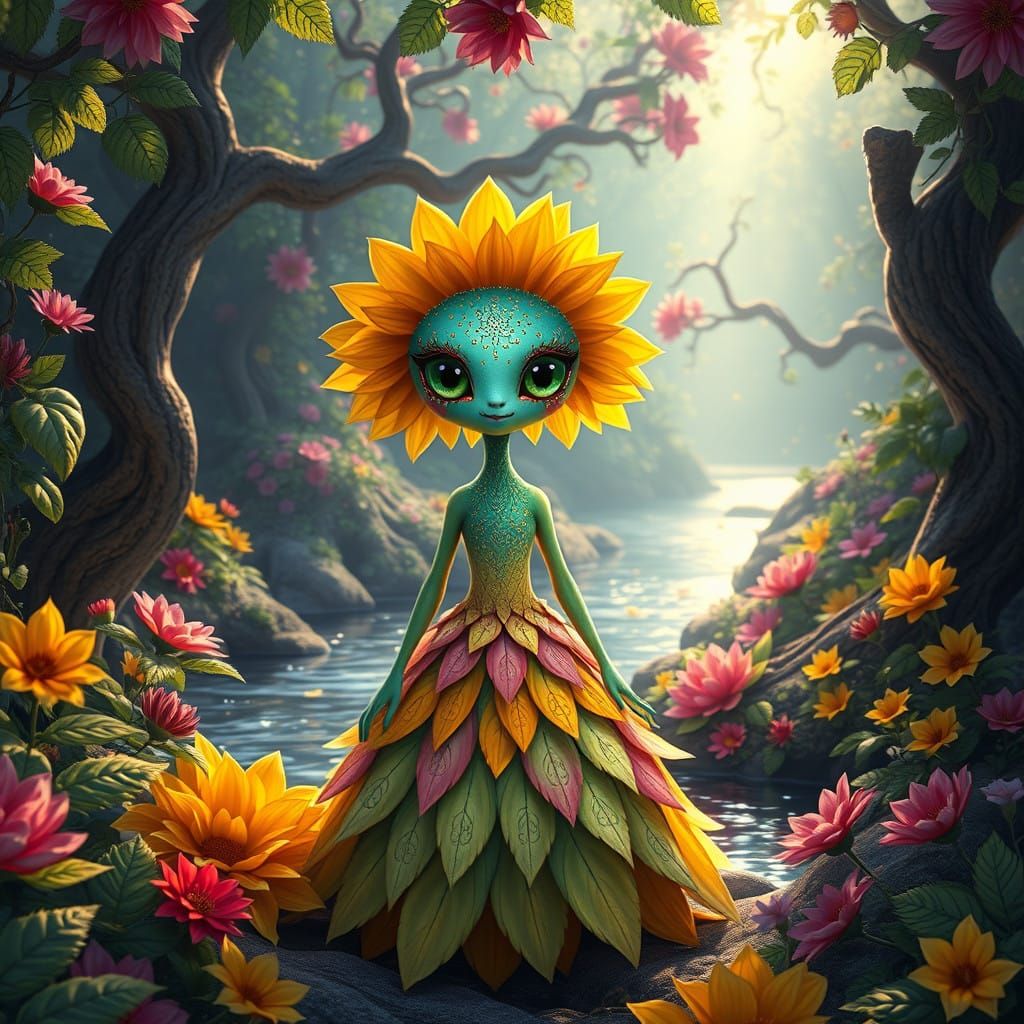 Vibrant Floralum in an Enchanted Garden Amidst Twisting Tree...