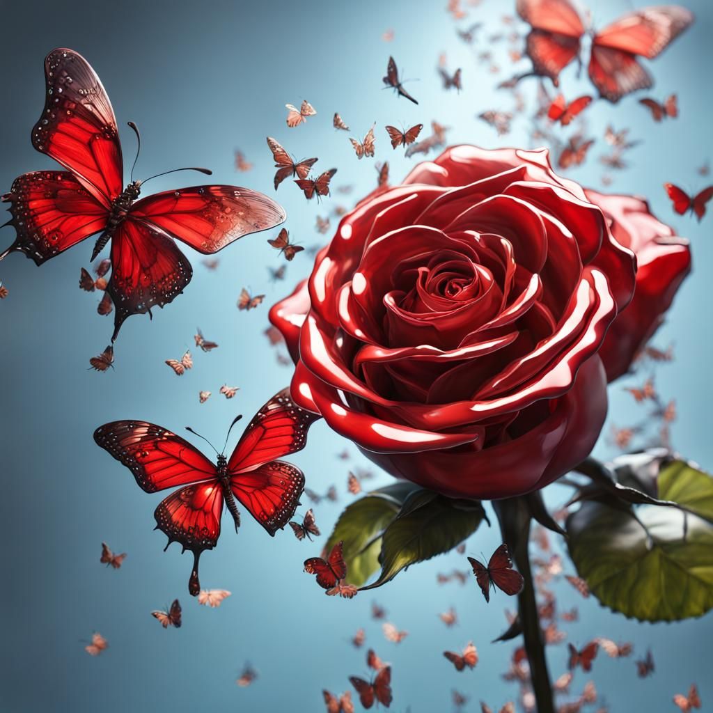 Hyperrealistic Red Rose with Glass Butterflies