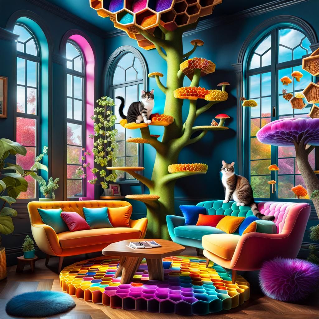 Maximalist Cat Tree Supercity in Bioluminescent Living Room