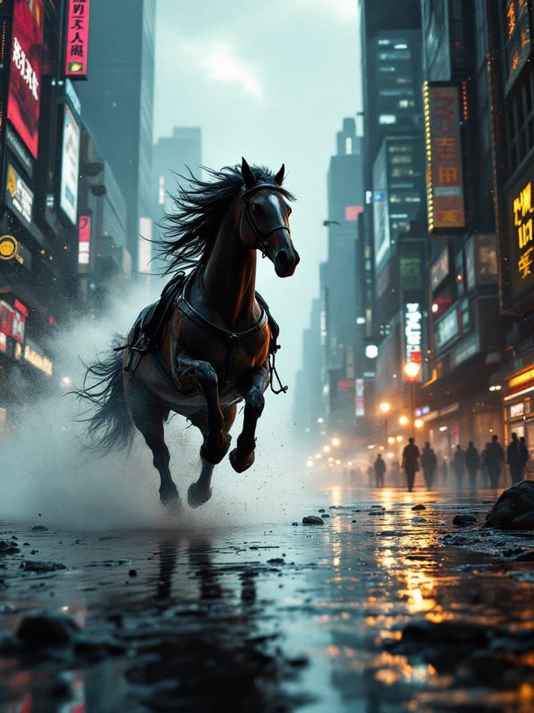 Heroic Horse Gallops Through Futuristic Cityscape