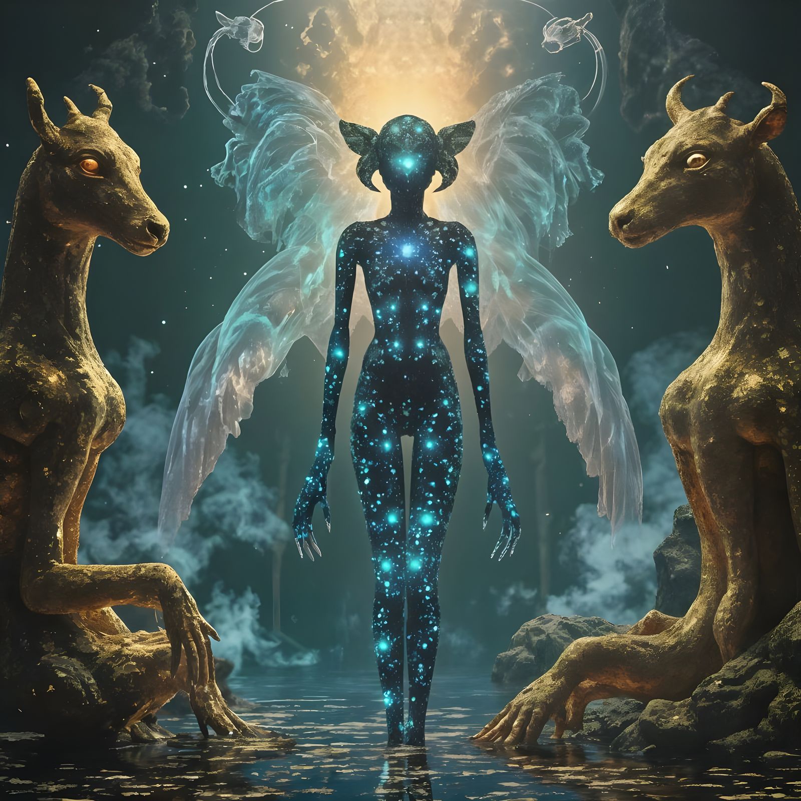 Ethereal Demon-Lady Train Machine in Glitch Art Style