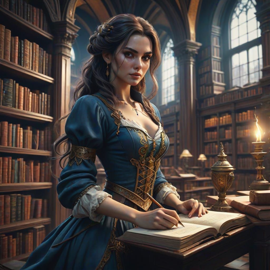 Elegant Woman with Long Hair Studies in Library, Fantasy Con...