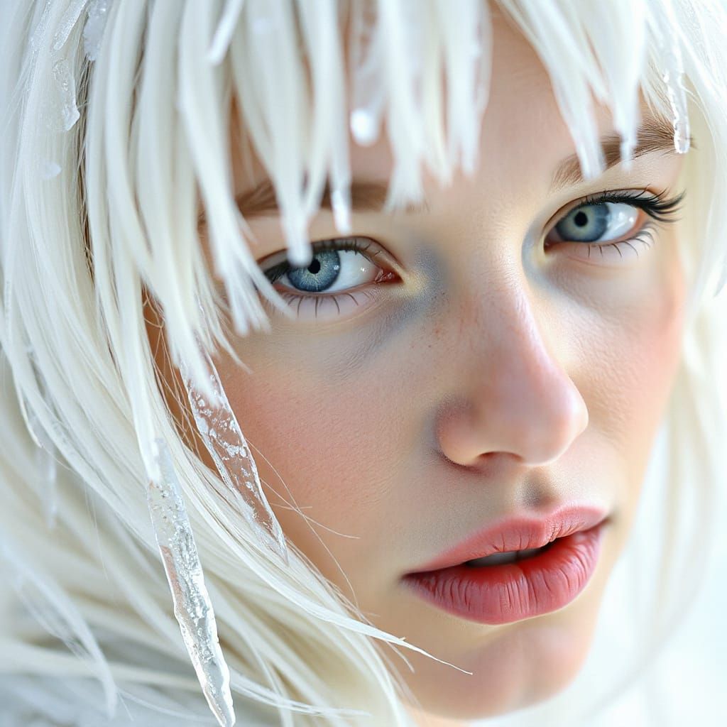 Woman with White Hair and Crystal Clear Blue Eyes
