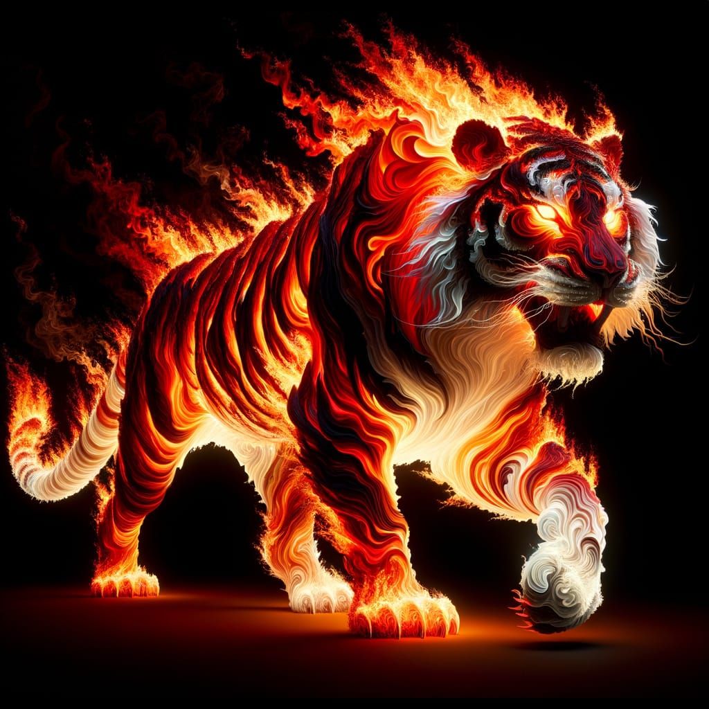 Gigantic Fiery Tiger Advances Through Night